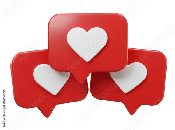 Fototapeta Set of heart in speech bubble icon isolated on a white background. Love like heart social media notification icon. Emoji, chat and Social Network. 3d rendering, 3d illustration