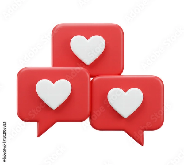 Fototapeta Set of heart in speech bubble icon isolated on a white background. Love like heart social media notification icon. Emoji, chat and Social Network. 3d rendering, 3d illustration
