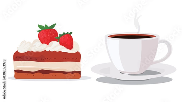 Obraz Digital illustration depicting a slice of strawberry cake with whipped cream and two strawberries on top, positioned to the left.  To the right is a white coffee cup with steam rising from it,