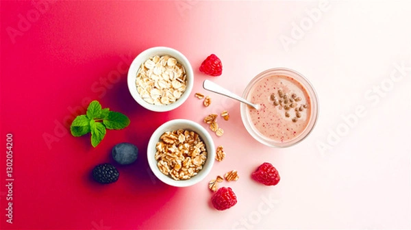 Fototapeta Healthy food concept. A green, pink bowl with oats meal, raspberries, and blackberry on a pink background. Generative AI.