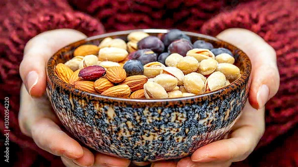Fototapeta Healthy food concept. Hand holding a bowl of a variety of nuts. Generative AI.