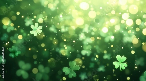 Obraz abstract background with soft, glowing shamrocks in various shades of green, layered with a subtle bokeh effect and light sparkles, creating a magical and festive ambiance.