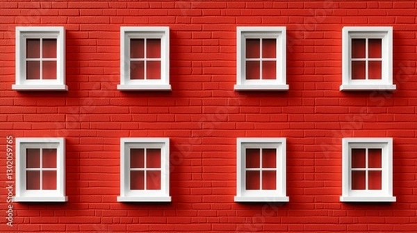 Fototapeta Red Brick Wall with Nine White Windows Pattern