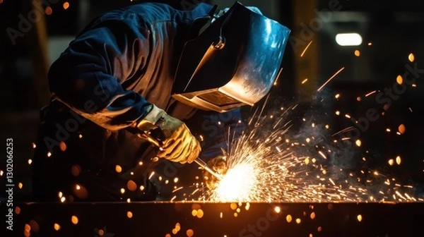 Fototapeta Welder skillfully fuses metal amidst a shower of bright sparks