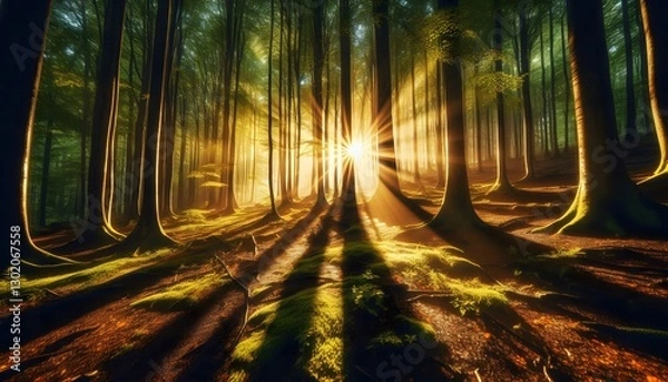 Fototapeta A lush forest panorama with golden sunlight streaming between tall tree trunks, illuminating the foliage and casting dramatic shadows on the damp ground.