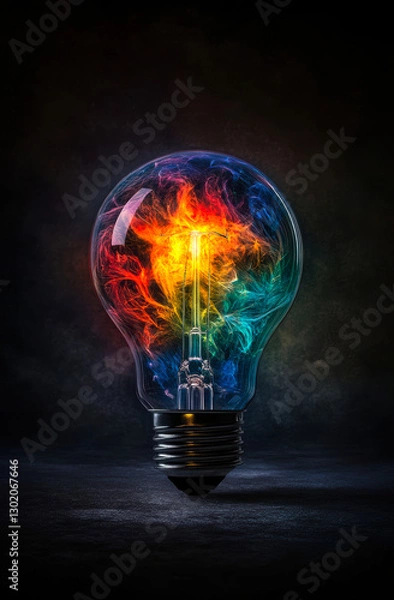Fototapeta This captivating image features a glowing light bulb filled with vibrant colors and swirling flames, symbolizing creativity, inspiration, and the spark of innovative ideas.