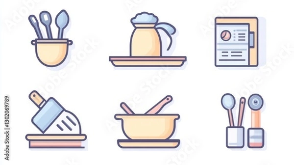 Obraz 54.A modern icon set of cooking tools, featuring flat and outline designs of a pot, pan, chef hat, tray, utensils, and recipe book, styled in pastel tones and displayed on a neutral white background.