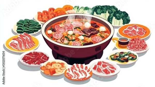 Obraz 98.A vibrant and detailed vector illustration of a shabu-shabu hot pot scene, featuring a boiling pot filled with broth, surrounded by colorful platters of sliced meats, vegetables, and dipping