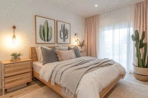 Fototapeta Light, airy bedroom with wooden bed, cactus prints, and blush pink curtains.