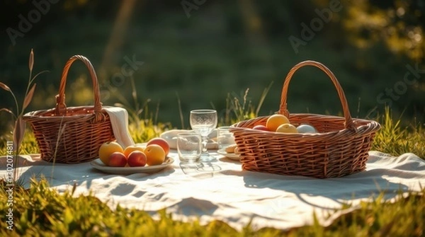 Fototapeta Outdoor picnic scene with baskets, fruit, and glasses set on a blanket in a sunny, grassy field.