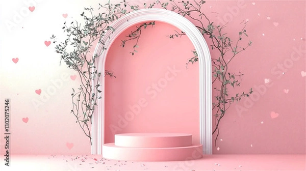 Fototapeta The pastel pink cylinder pedestal podium was displayed with small plant background for the award ceremony. Products display and showcase presentation. Generative AI.