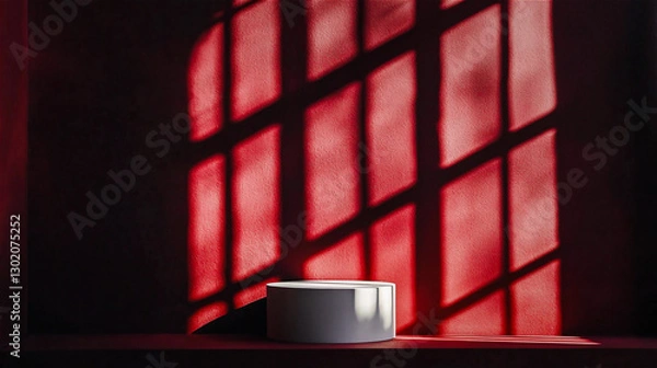 Fototapeta The red wall is a white cylinder podium with light and shadow. Products display and showcase presentation. Generative AI.