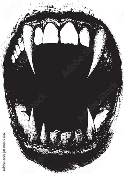 Fototapeta Black and white illustration of an open animal mouth with sharp fangs, rugged texture, and high contrast. Dark, ominous, and suitable for horror-themed projects