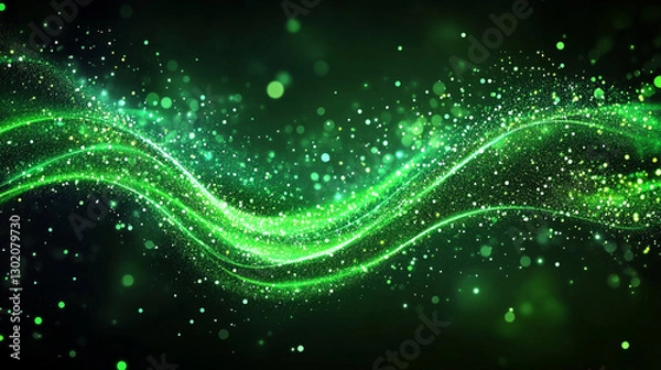 Fototapeta A dynamic, vibrant green grainy glowing wave flowing across a black background, symbolizing energy, motion, and modernity in an abstract, noise texture design perfect for a poster backdrop.

