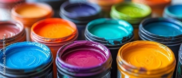 Fototapeta Dynamic closeup of colorful paint containers in various shades