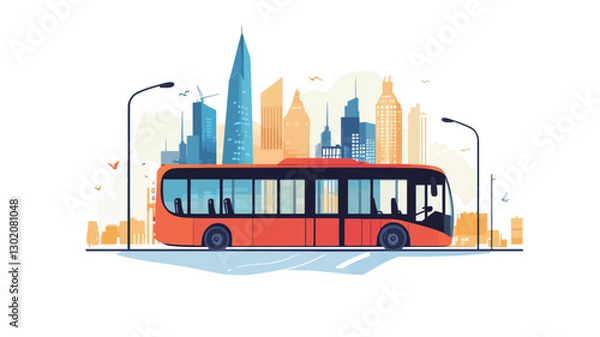 Fototapeta A stylized vector illustration depicting a red and black city bus on a road. The bus is shown in profile view, with passengers visible inside. The background features a simplified, stylized