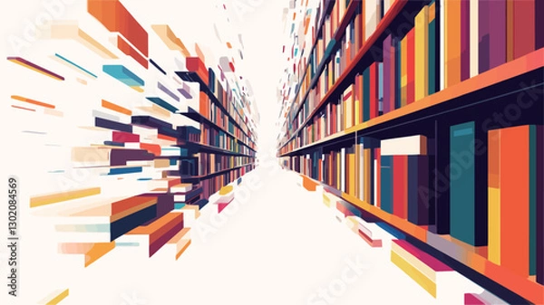 Fototapeta The image is a stylized, abstract representation of a library corridor.  The perspective is a vanishing point leading into a seemingly endless row of bookshelves filled with vibrantly