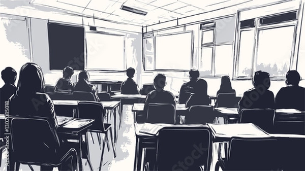 Fototapeta The image is a monochrome sketch or drawing depicting a classroom scene.  The style is simplistic, with the figures of students and a teacher rendered as dark silhouettes against a lighter