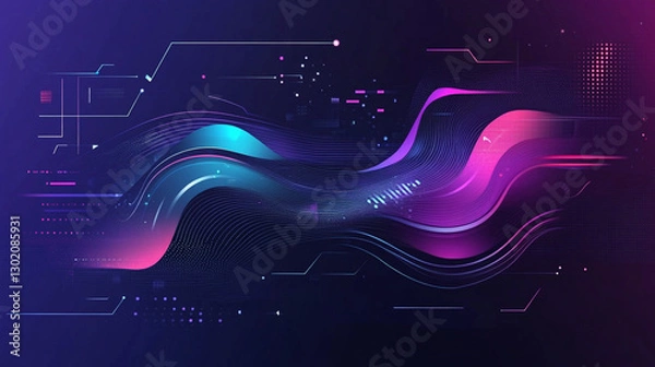 Fototapeta Abstract digital waves with circuit lines and glowing colors.