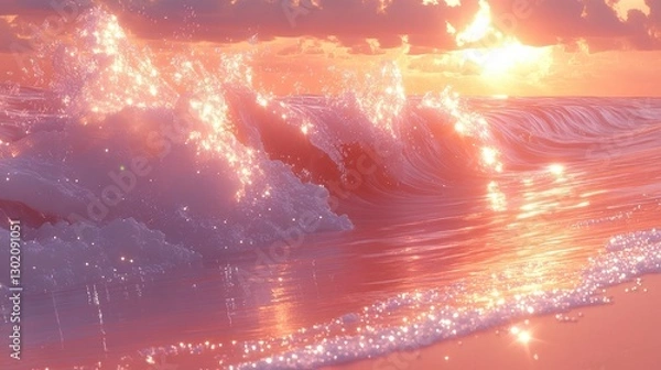 Fototapeta Pink sunset ocean waves