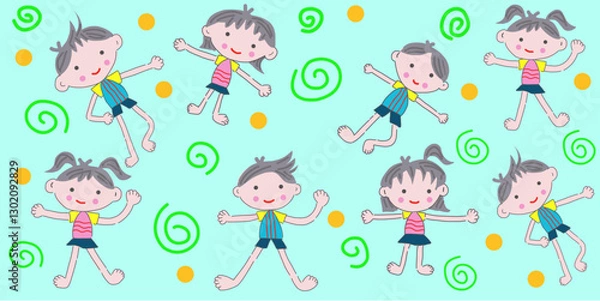 Fototapeta Children seamless background vector featuring playful boys and girls with colorful elements on a light backdrop.
