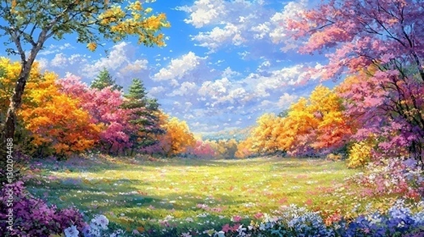 Obraz Vibrant Autumn Landscape: Sunlit Meadow with Colorful Trees and Flowers