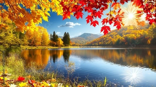 Fototapeta Vibrant Autumn Landscape with Colorful Trees Reflecting in a Calm Lake