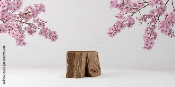 Fototapeta 3D product display old wood podium white background. 3D sakura background for product presentation, 3D rendering, illustration.