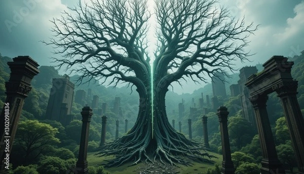 Fototapeta Ancient Ruins Enveloped by Lush Forest Mysterious Giant Tree Centerpiece Fantasy Landscape