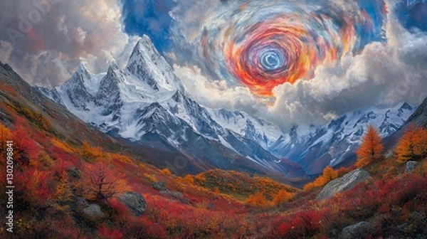 Obraz Vibrant Autumn Landscape with Snow-Capped Mountains and a Colorful Sky Spiral