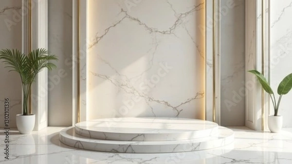 Fototapeta Elegant Two-Tiered Marble Display Platform with Tropical Plants in a Sunlit Interior