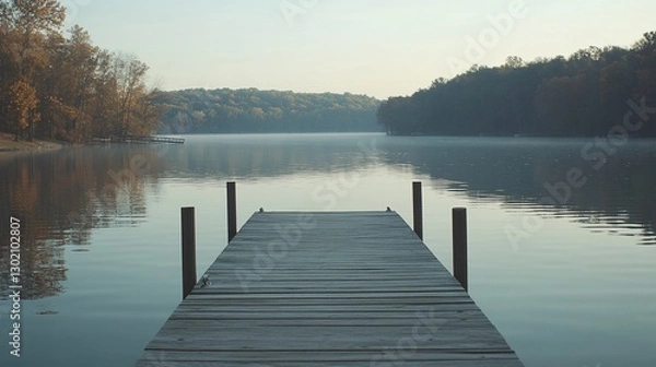 Fototapeta Serene autumn lake dock, misty morning calm