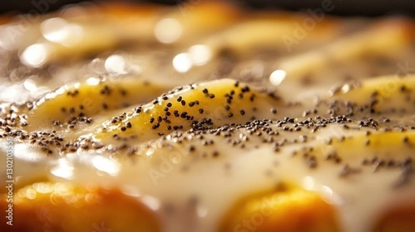 Fototapeta Creamy Baked Dish with Poppy Seeds on Golden Surface Close-up