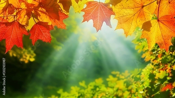 Obraz Vibrant Autumn Maple Leaves with Sunlight Rays