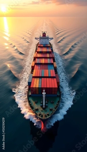 Fototapeta An aerial top-down view of a massive cargo container ship sailing through the ocean, representing global trade, freight shipping, and logistics transportation.
