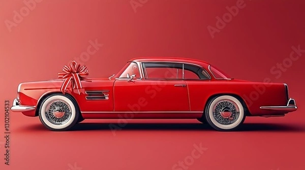Obraz Classic Red Car Gift with Bow on Red Background