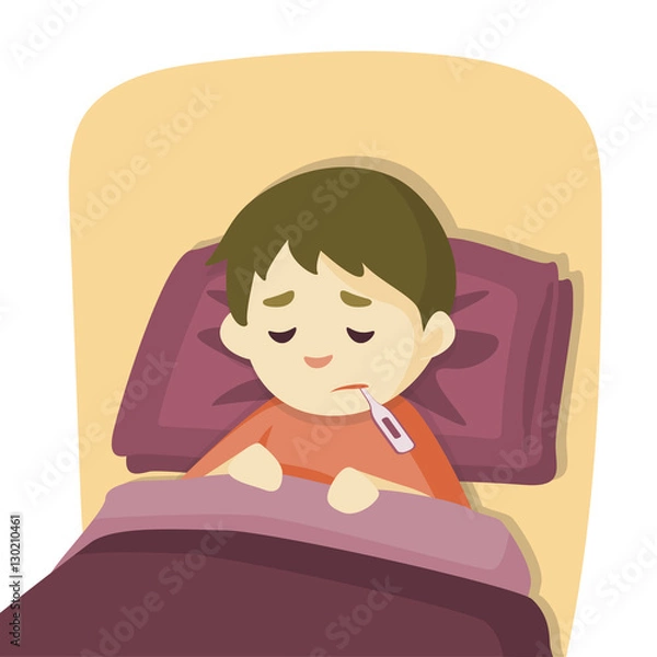 Fototapeta Sick child boy lying in bed with a thermometer in mouth and feel so bad  with fever, vector cartoon illustration