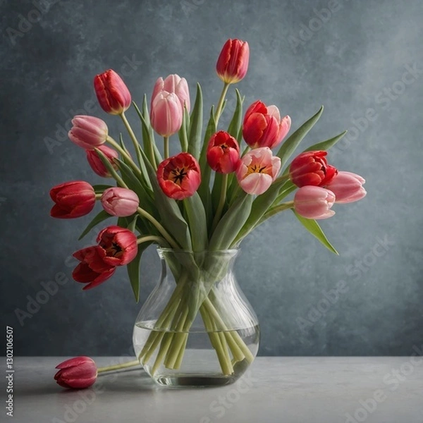Fototapeta A clear glass vase filled with red and pink tulips.