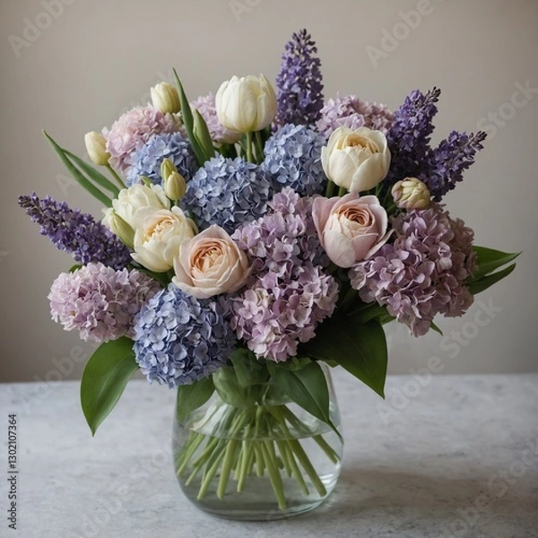 Fototapeta A soft pastel bouquet featuring lavender, tulips, and hydrangeas.