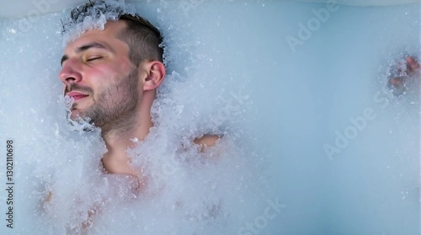 Fototapeta Calm man enjoying the sensations of hardening cold water during a bubble bath