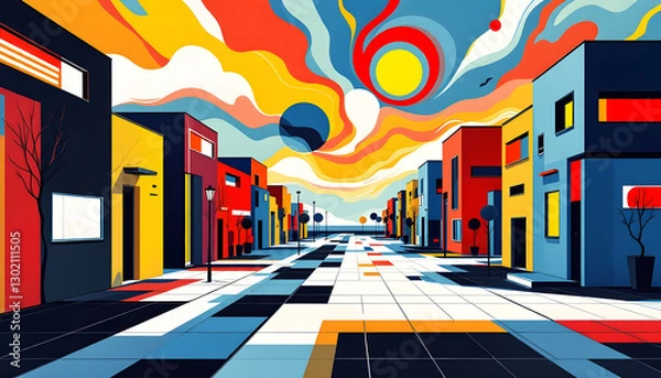 Fototapeta Vibrant Abstract Cityscape with Geometric Architecture and Surreal Sky