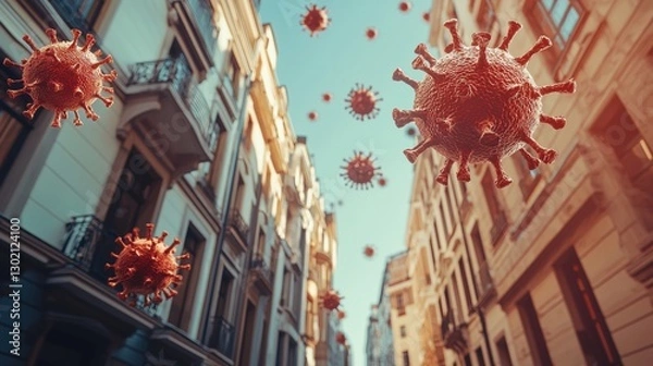 Obraz Red virus is flying through the air above a city