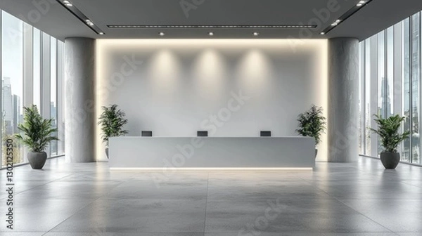 Fototapeta Large, empty room with a white wall and three potted plants