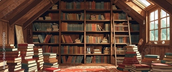 Obraz Attic room filled with old books background anime retro cartoon concept illustration
