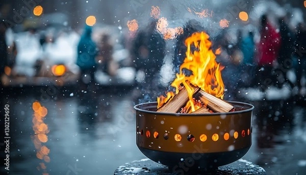 Fototapeta Snowing, fire pit, winter market, flames