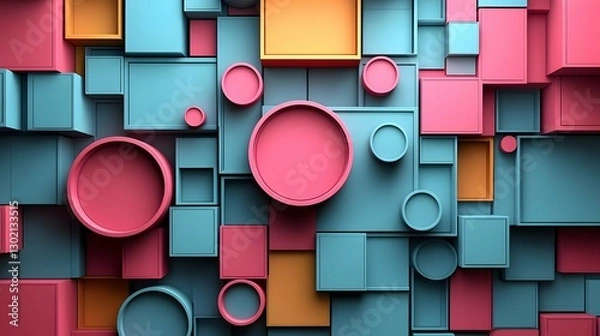 Fototapeta Geometric Shapes Pattern with Pink Circles and Blue and Gold Squares