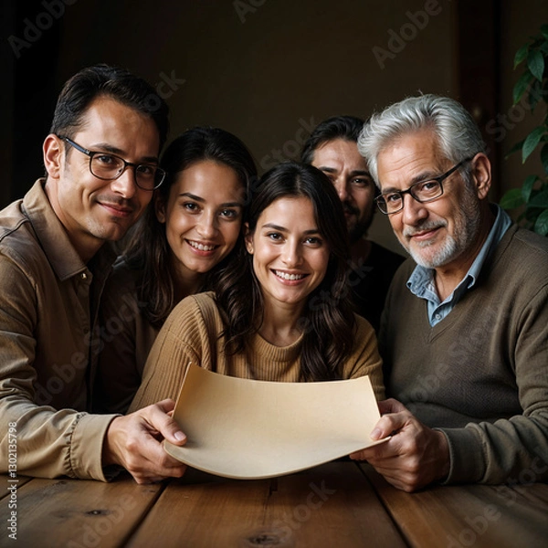 Obraz Happy Multigenerational Family Holding a Blank Paper Together..