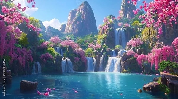 Obraz Vibrant Pink Cherry Blossoms Frame Cascading Waterfalls in Mountainous Landscape