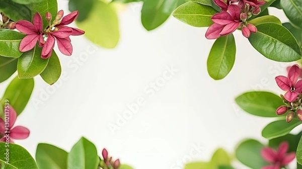 Obraz Vibrant Pink Flowers and Green Leaves Frame on White Background