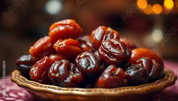 Obraz Pile of shiny dates in a textured bowl, soft focus background with bokeh lights. Rich colors and inviting composition.